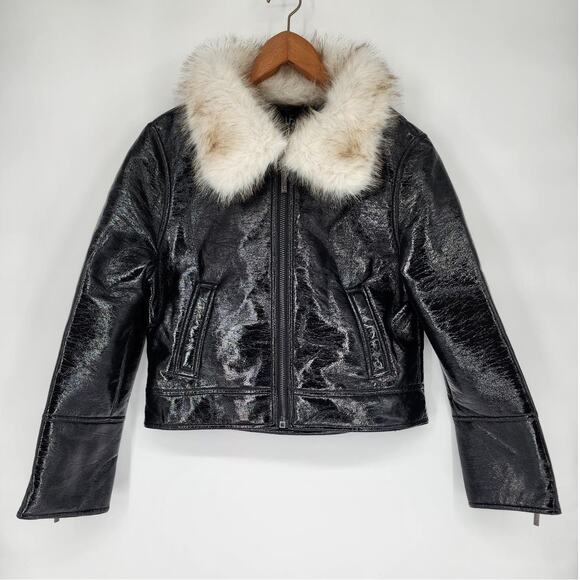 Unreal Fur Black Wet Look Aviator Jacket Faux Leather & Fur Collar Women’s XL - Picture 8 of 9